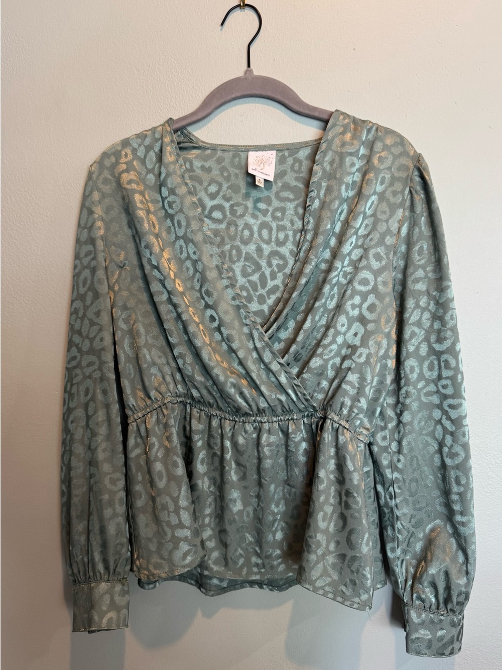Self Esteem Metallic Sage Leopard Wrap Blouse